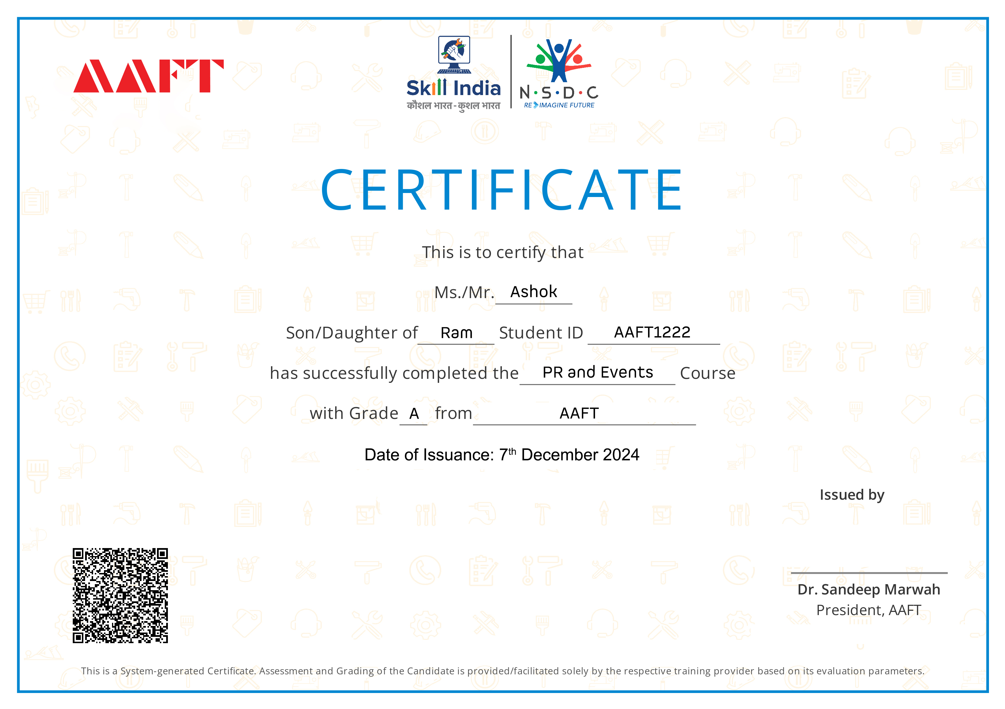 NSDC certificate for advertising pr and corporate communication